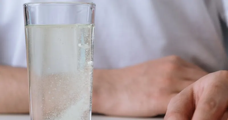 Effervescent cleaning tablet dissolving and fizzing in a glass of water