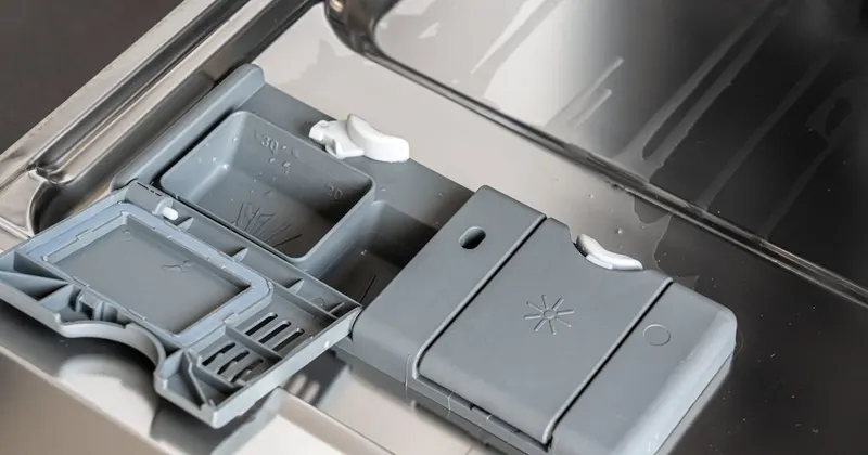 Close-up of dishwasher detergent tablet and compartment