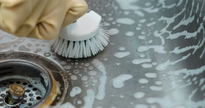 Person in yellow rubber gloves cleaning a stainless steel sink