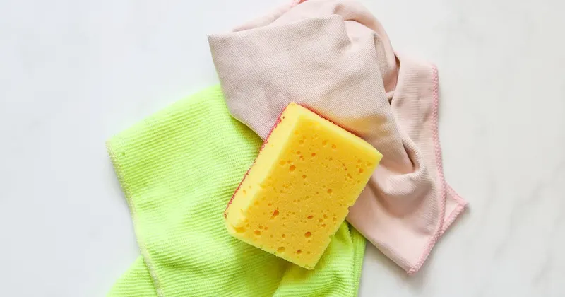 A yellow cleaning sponge over a cleaning cloth