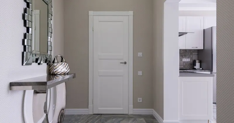 Modern corridor interior with entrance door and mirror at home