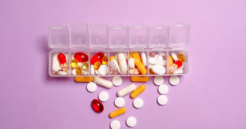 Medication pills organized in a white plastic container
