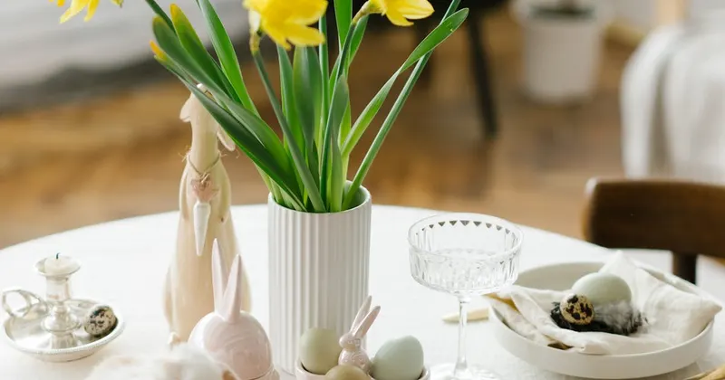 Festive table with daffodils and spring flowers