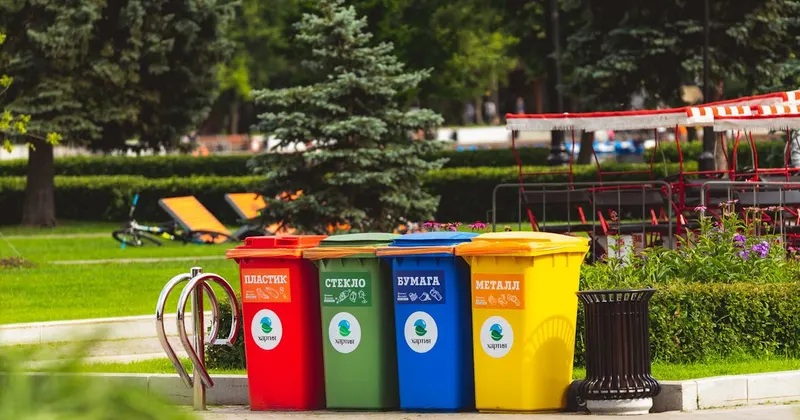 Assorted color plastic bins for waste sorting